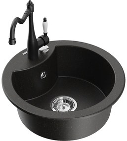 Mexen Diego, granitový drez 488x488x167 mm, 1-komorový a drezová batéria Carla, čierna-zlatá metalíza, 6512-75-670700-70