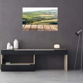 Obraz - Drevená polica s krajinou (90x60 cm)