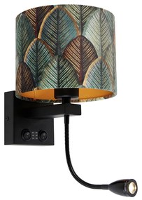 Nástenná lampa čierna s zamatovým tienidlom s dizajnom listu a zlatým vnútorným priestorom - Brescia Combi