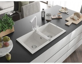 Mexen Mario, 2-komorový granitový drez 820x436x161 mm a biela drezová batéria Duero, biela, 6504-20-671600-20