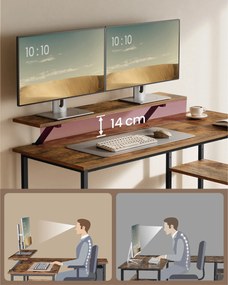 Písací rohový stôl s 2 priestrannými zásuvkami, so stojanom na monitor, rustikálny hnedý