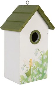 Zeleno-biela drevená vtáčia búdka s konvalinkami Birdhouse - 15*10*22 cm