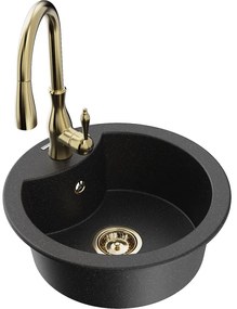 Mexen Diego, 1-komorový granitový drez 488x488x167 mm a drezová batéria Savita, čierna-strieborná metalíza, 6512-73-672601-50