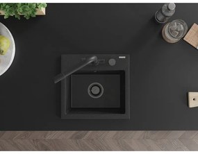 Mexen Milo, granitový drez 435x410x171 mm, 1-komorový a čierna batéria Duero, čierna - strieborná metalíza, 6505-73-671600-70-B