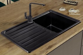 Sink Quality Sapphire, kuchynský granitový drez 755x460x190 mm + zlatý sifón, čierna, SKQ-SAP.C.1KDO.XG
