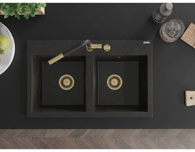 Mexen Hektor, 2-komorový granitový drez 800x480x205 mm, čierna-zlatá metalíza, zlatý sifón, 6521802000-75-G