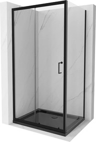 Mexen Apia sprchovací kút s posuvnými dverami 130 (dvere) x 80 (stena) cm, 5mm číre sklo, čierny profil + čierna sprchová vanička s čiernym sifónom, 840-130-080-70-00-4070B