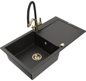Mexen Leo, 1-komorový granitový drez 900x500x190 mm a drezová batéria Duo, čierna-zlatá metalíza, 6501-75-671701-57-G