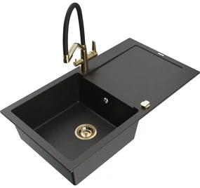 Mexen Leo, 1-komorový granitový drez 900x500x190 mm a drezová batéria Duo, čierna-zlatá metalíza, 6501-75-671701-57-G