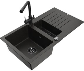 Mexen Matias, granitový drez 900x505x200 mm, 1,5-komorový a čierna batéria Duero, čierna-zlatá metalíza, 6502-75-671600-70-B