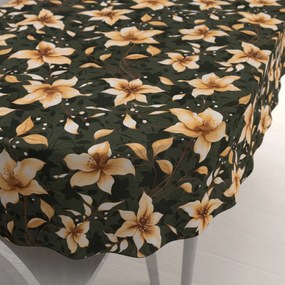 Biante Bavlnený oválny obrus Sandra SA-736 Hnedooranžové kvety vanilky na tmavo zelenom 140x160 cm