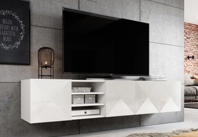 Závesný TV stolík Asha 200 cm s 3 otvorenými policami - biely mat