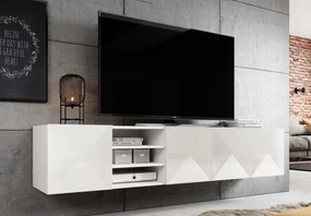 Závesný TV stolík Asha 200 cm s 3 otvorenými policami - biely mat