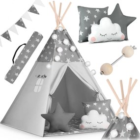 Dětské teepee Nukido s girlandou, světýlky, polštáři a podložkou – šedé
