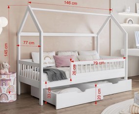 Detská domčeková posteľ z masívu borovice GAJA so šuplíkmi - 140x70 cm - šedá