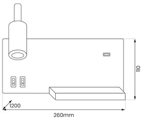 Nástenné LED svietidlo Shelf, 1x LED 4+5+2w, 4000k, w, vypínač