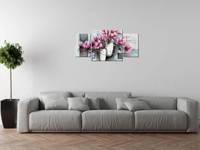 Gario Obraz s hodinami Ružové magnólie vo váze - 3 dielny Rozmery: 90 x 70 cm