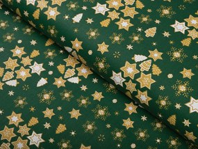 Vianočná bavlnená látka/plátno Sandra SA-407 Hviezdičky a stromčeky na zelenom - šírka 160 cm