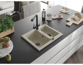 Mexen Carlos, 1,5-komorový granitový drez 582x475x177 mm a drezová batéria Duero, béžová, 6518-69-671600-70