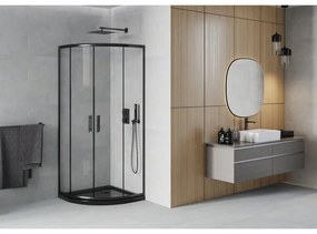 Mexen Rio, štvrťkruhový sprchovací kút s posuvnými dverami 90 x 90 cm, 6mm číre sklo, čierny profil + čierna sprchová vanička, 863-090-090-70-00-4170B