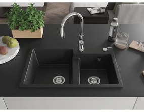 Mexen Tomas, granitový drez 800x500x190 mm, 2-komorový a drezová batéria Savita, čierna-strieborná metalíza, 6516-73-672601-00