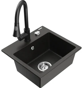 Mexen Milo, 1-komorový granitový drez 435x410x171 mm a drezová batéria Elia, čierna-zlatá metalíza, 6505-75-670101-70
