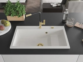 Mexen Omar žulový drez s jednou komorou 800 x 480 mm, biely, zlatý sifón - 6520801005-20-G