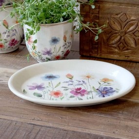 Béžový antik keramický podnos s kvetmi Fleurville - 25*18*2 cm