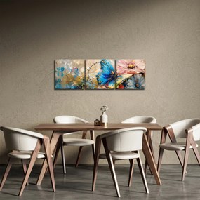 Obraz - Maľba kvetov a motýľov (s hodinami) (90x30 cm)