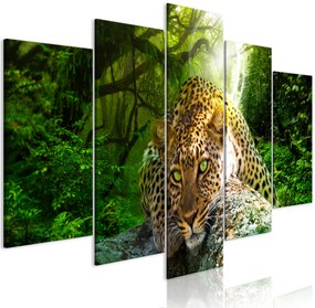 Artgeist Obraz - Leopard Lying (5 Parts) Wide Green Veľkosť: 100x50, Verzia: Standard