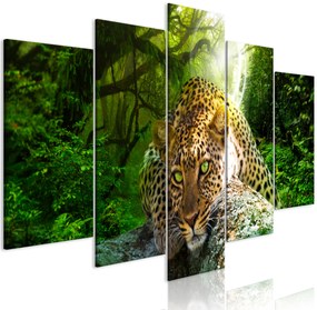 Artgeist Obraz - Leopard Lying (5 Parts) Wide Green Veľkosť: 200x100, Verzia: Na talianskom plátne