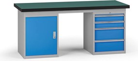 Pracovný stôl do dielne G8, 1800 x 750 x 800 mm, 1x skrinka, 1x kontejner, 4 zásuvky, modrá