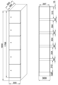 Šatníková skrinka s úložnými boxmi, 5 boxov, 1850 x 300 x 500 mm, zámok s čítačkou RFID kariet, laminované dvere, breza