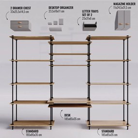 Regál s písacím stolom DECO s 15 policami a sivým príslušenstvom, 185x235x35/52,5 cm
