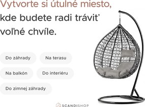 Čierne závesné kreslo KOKON so stojanom, béžový vankúš so vzorom