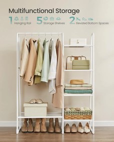 SONGMICS Stojan na oblečenie s tyčou a 5 policami na uloženie 40×101×153 cm, biely