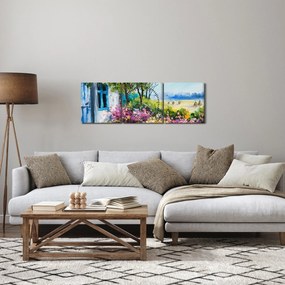 Obraz záhradky pred domom, olejomaľba (s hodinami) (90x30 cm)