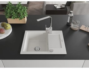 Mexen Enzo, granitový drez 576x465x174 mm, 1-komorový a chrómová batéria Rita, biela, 6506-20-670300-00