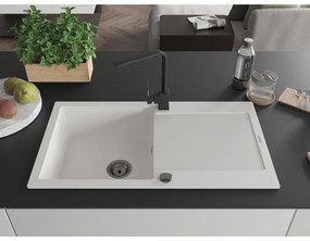 Mexen Leo, drez granitový 900x500x190 mm, 1-komorový, biely s čiernym sifónom a čierna drezová batéria Rita, 6501-20-670300-70