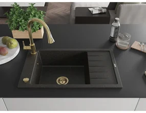 Mexen Elias, 1-komorový granitový drez 795x480x200 mm a drezová batéria Elia, čierna-zlatá metalíza, 6511-75-670101-50