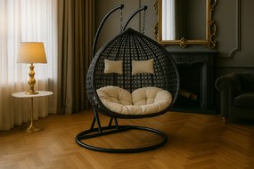 Závesné ratanové hojdacie dvojkreslo SIERRA Plus čierno béžové