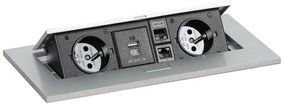 Zásuvkový box TYP II - výklopný, 2x zásuvka, USB-A + USB-C, 2x RJ45 port, strieborná