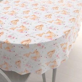 Biante Detský bavlnený oválny obrus Sandra SA-694 Veveričky a líšky medzi kvietkami na bielom 140x200 cm