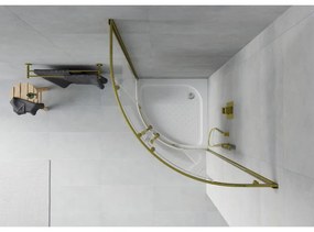 Mexen Rio, štvrťkruhový sprchovací kút s posuvnými dverami 90(dvere) x 90(dvere) x 190 cm, 6mm číre sklo s pásikmi, zlatý profil + biela sprchová vanička RIO, 863-090-090-50-20-4710