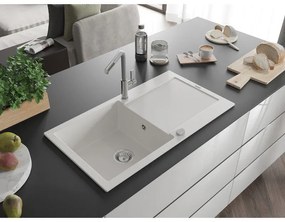 Mexen Leo, 1-komorový granitový drez 900x500x190 mm a drezová batéria Flora, biela, 6501-20-670401-06