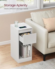 Úzky nočný stolík s nabíjacou stanicou a LED svetlom, s USB portami, biely