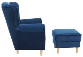 Kondela Kreslo, ušiak s taburetom, modrá látka, ASTRID