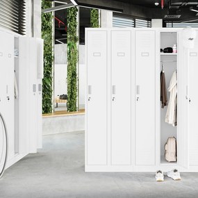 Kovová šatňová štvormodulová skriňa na sokli s policou KACPER II, 600 x 1800 x 500 mm, biela