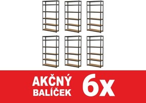 Akcia 6x Regál 220x90x60 cm lakovaný 6-policový, nosnosť 1050 kg - čierny - 6ks