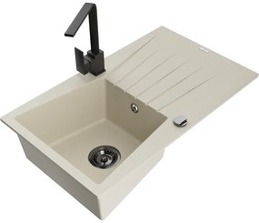 Mexen Cesar, granitový drez 775x470x190 mm, 1-komorový, béžová s čiernym sifónom a čierna drezová batéria Rita, 6514-69-670300-70
